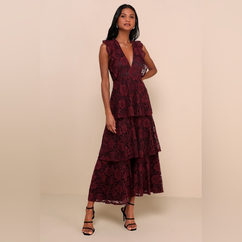 Lulu's Burgundy Lace Maxi Dress